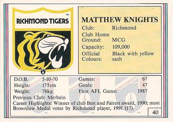 1992 AFL Regina #40 Matthew Knights Back